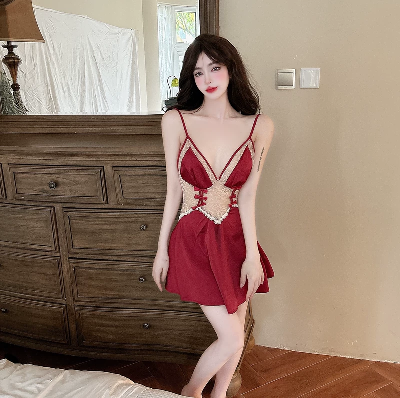 Hot girl sâu gợi cảm V thấp cắt ren khâu nơ trang trí nhà váy ngủ nguyên chất ham muốn phong cách treo đầm