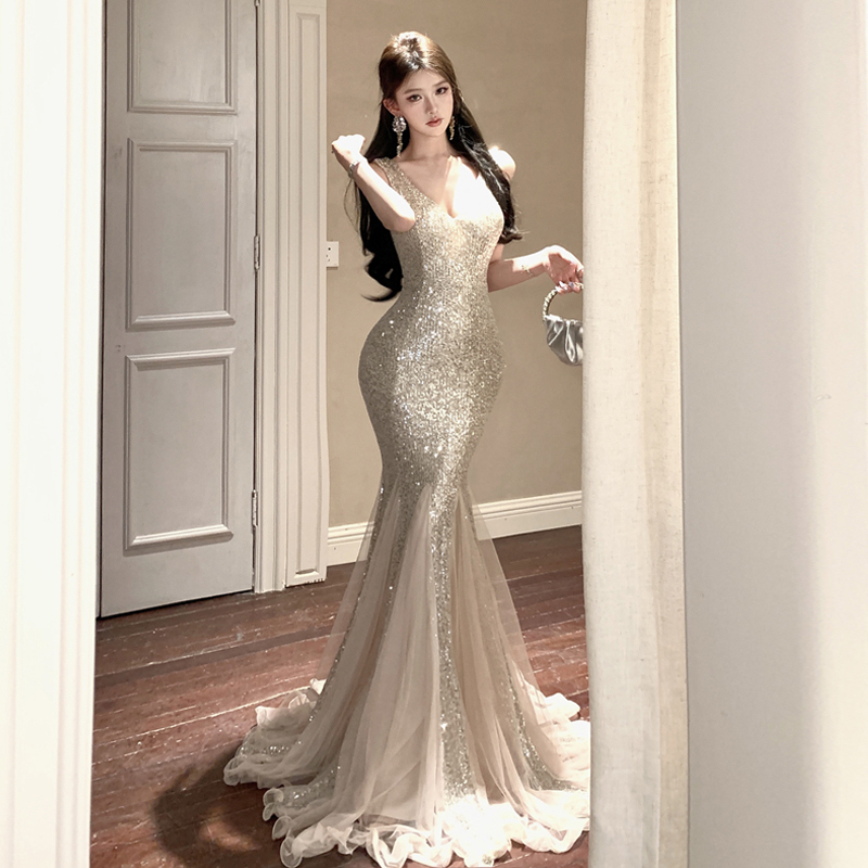 Starlight Mermaid Princess High-End Shimmering Sequin Mesh Long Mermaid Dress Elegant Birthday Party Dress for Women