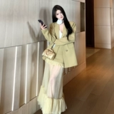 Женский модный длинный кружевной костюм, комплект, в западном стиле, в цветочек, средней длины, красивая спина, с лямками