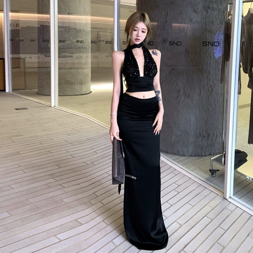 Сексуальные блестки для ногтей без рукавов, жилет, черная юбка, комплект, V-образный вырез, изысканный стиль