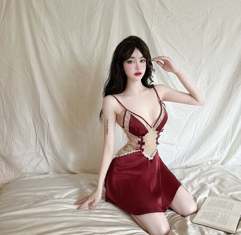 Hot girl sâu gợi cảm V thấp cắt ren khâu nơ trang trí nhà váy ngủ nguyên chất ham muốn phong cách treo đầm