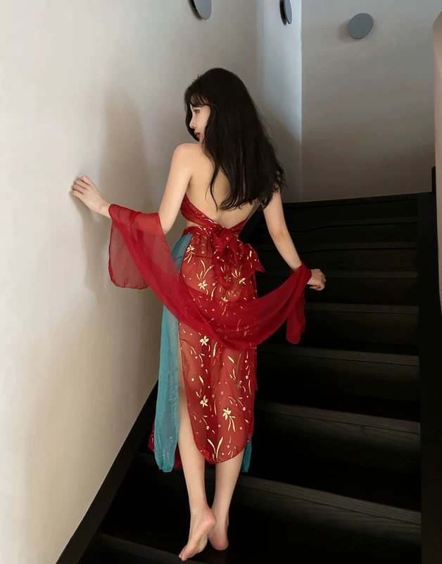 Đồ chơi cosplay retro phong cách Trung Hoa Hanfu màu đỏ gợi cảm Halterneck treo hở lưng Bộ đồ ngủ trong suốt váy phù hợp với