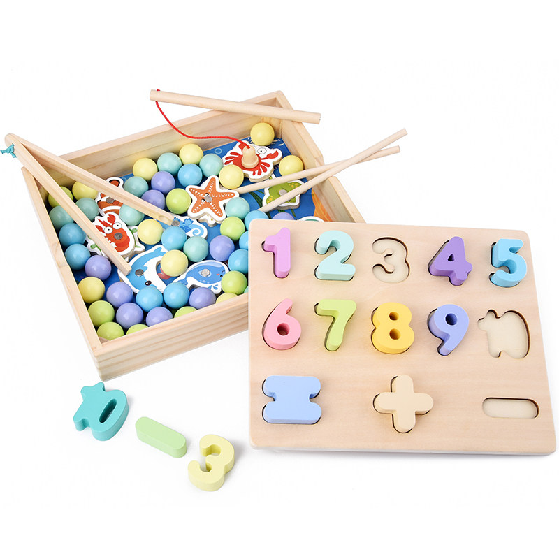 Puzzle baby early education three-in-one children's wooden fishing toy boy and girl number operation color cognition