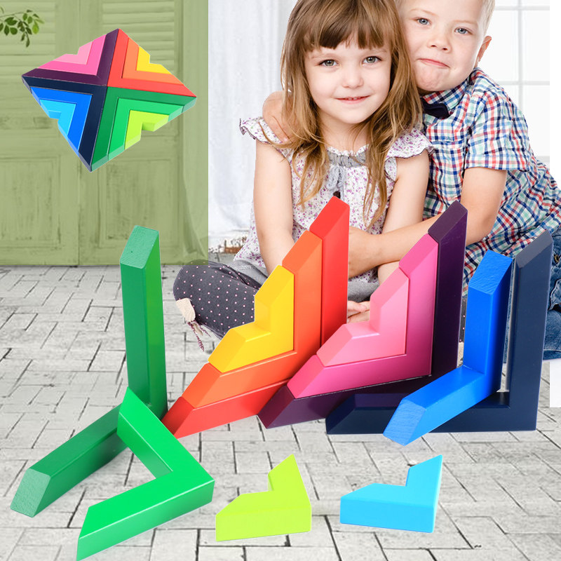 Mon Rainbow Gradient Right Angle Wood Parquet Building Blocks Build Puzzle Toys Children Building Blocks Sense Building Blocks-Taobao