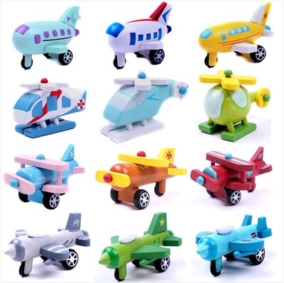 Original single wooden minicar wooden mini aircraft car series wooden children's toys a set of 12