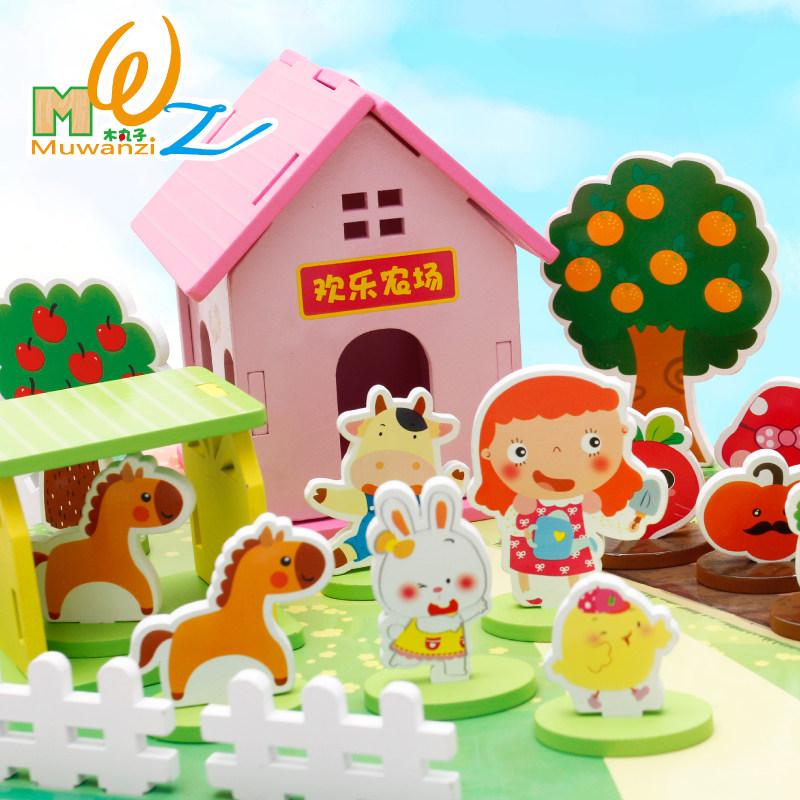 Animals spell 3D stereo fun farm young children wooden puzzle early teaching block toy puzzle