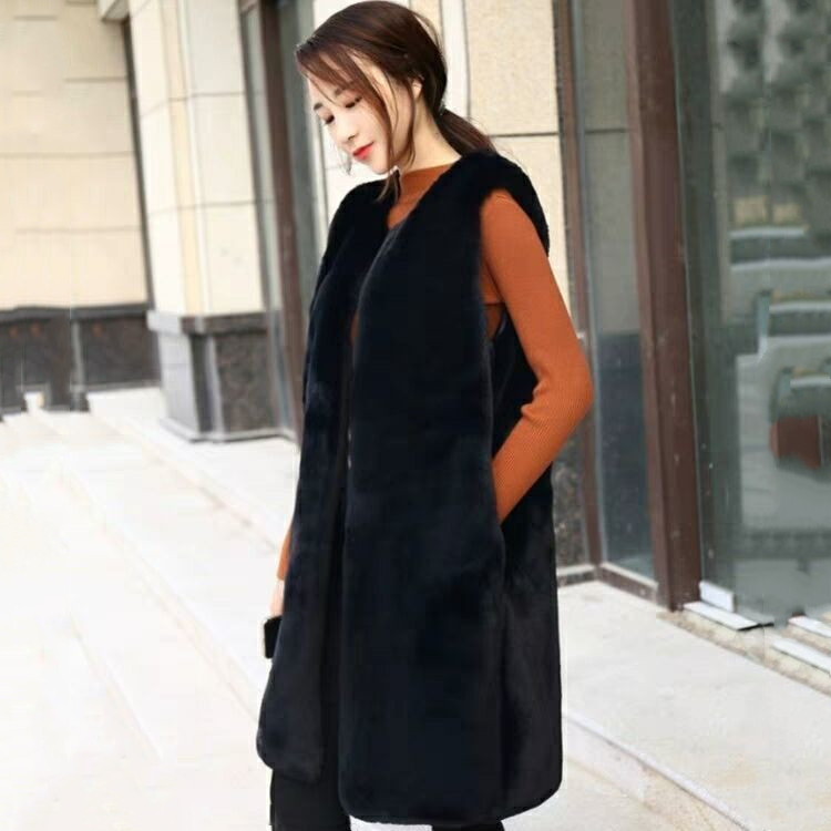 2025 Autumn/Winter Long Knitted Rabbit Fur Vest Jacket Versatile Thickened Warm Loose Plush Vest Trendy