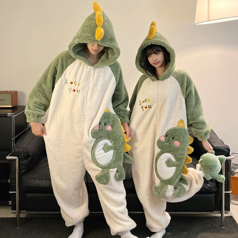 Couple's One-Piece Pajamas for Men and Women, Winter Thickened Coral Fleece Cartoon Dinosaur Hooded Loungewear Set, Suitable for Wearing Outside Couple's One-Piece Pajamas for Men and Women, Winter Thickened Coral Fleece Cartoon Dinosaur Hooded Loungewear Set, Suitable for Wearing Outside