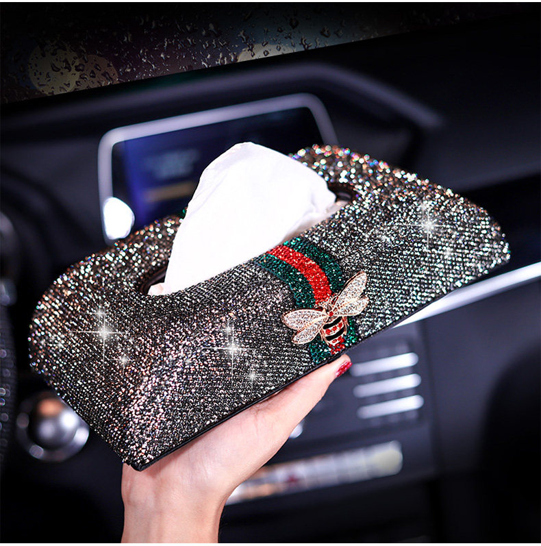 Car Paper Box Seat Type Car Tissue Box High-grade Leather Diamond Bee Tissue Box Creative Car Interior