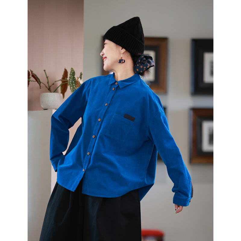 Original Design Autumn and Winter Retro Glazed Blue Silk Cotton Corduroy Turn-Down Collar Thick Loose Shirt Yunyang Er