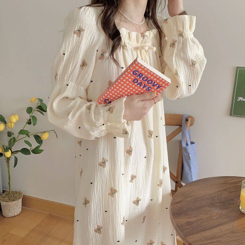 Sweet and Cute Bear Long-Sleeved Nightgown for Women 2026 New Style with Chest Pad Long-Sleeved Nightgown That Can Be Worn Outside Pajamas Women's Home Wear