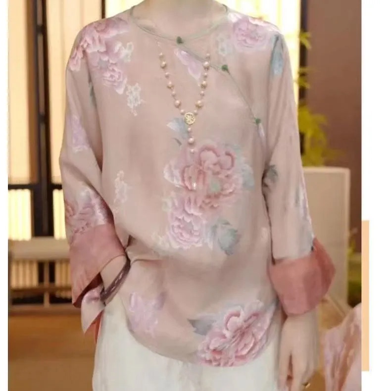 New Chinese-Style Design Fashionable Floral Print Shirt for Women 2025 Autumn New Large Size Loose Age-Reducing Shirt New Chinese-Style Design Fashionable Floral Print Shirt for Women 2025 Autumn New Large Size Loose Age-Reducing Shirt