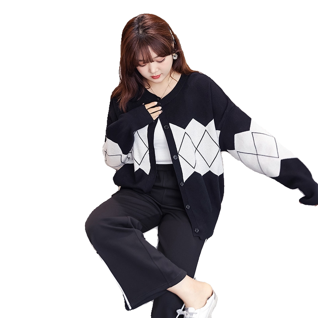 Thin and fat mm plus size women's knitted cardigan rhombus temperament loose sweater jacket 2024 autumn and winter new style
