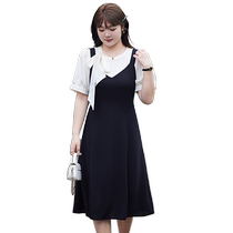 Conspicthin Big Code Fat MM Tandem Dress Short Sleeve Summer Dress 2024 New Temperament Butterfly Knot Minus two long skirts