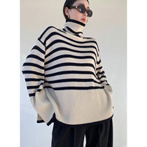 Maryme black and white striped sweater woman in autumn and winter 2021 wearing lazy wind knitted wool