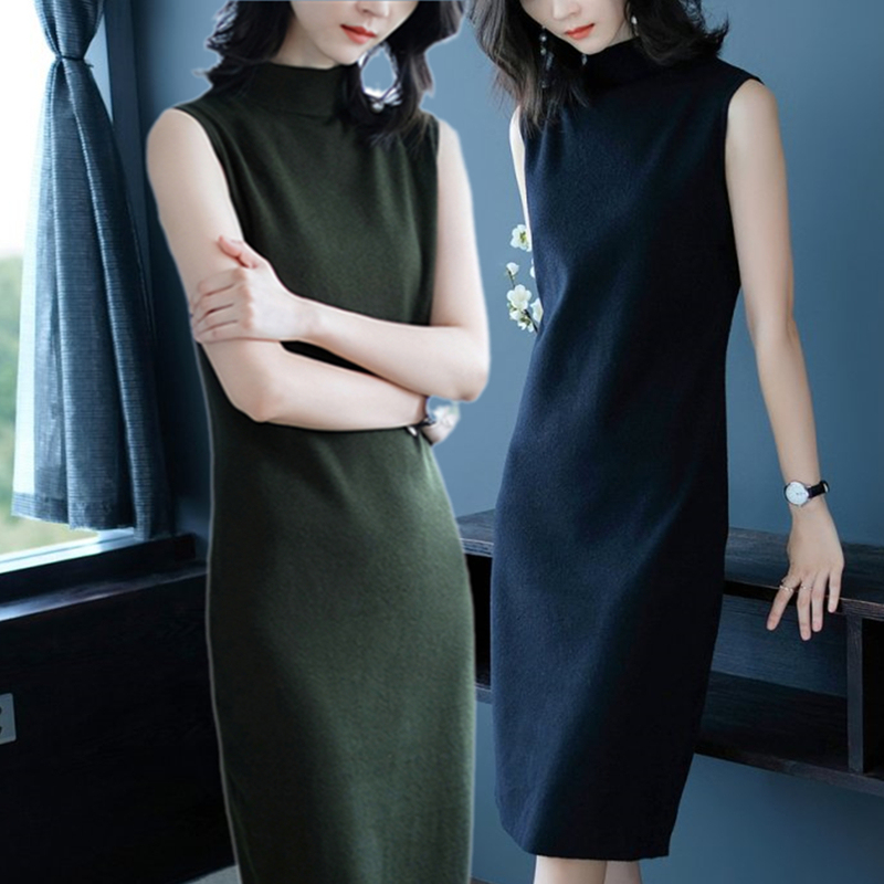 Sleeveless Vest Dress for Women, Autumn and Winter Mid-Length Half-High Collar Vest with Straps, Wool Knitwear with Inner Lining Skirt