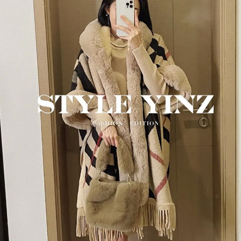 Striped Plaid Cape Shawl for Women, Autumn and Winter Hooded Mid-Length Coat with Rex Rabbit Fur Collar, Fleece-Lined and Thickened with Tassels Striped Plaid Cape Shawl for Women, Autumn and Winter Hooded Mid-Length Coat with Rex Rabbit Fur Collar, Fleece-Lined and Thickened with Tassels