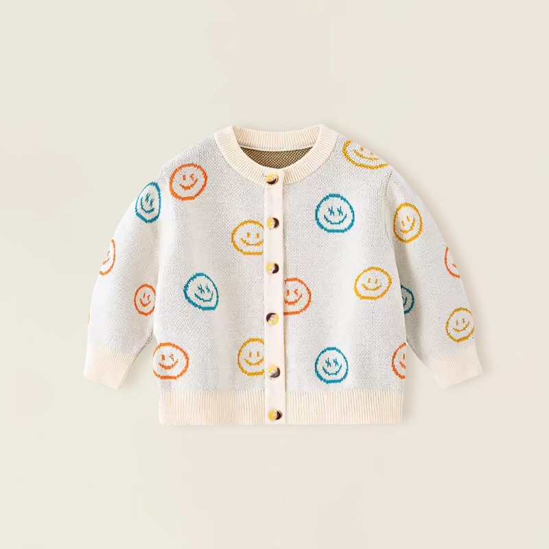 Baby Sweater Cardigan Spring and Autumn Boys and Girls Pure Cotton Cartoon Smiley Face Round Neck Class a Knitted Sweater Jacket 2024
