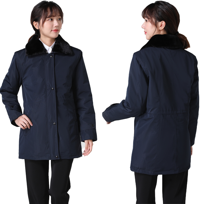 2021 New Style Postal Women's Cotton Coat, Savings Bank Winter Work Uniform, Detachable Thickened Mid-Length Fur Collar Coat