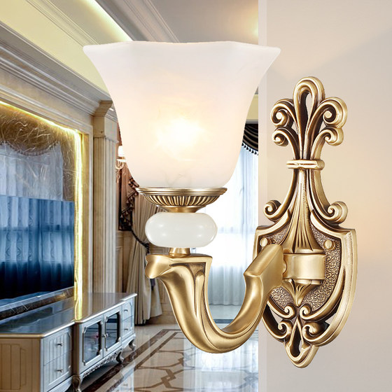 All-Copper European-Style Wall Lamp for Living Room, Simple European-Style Tv Background Wall, Bedroom Bedside Wall Lamp, Antique Staircase Jade Copper Wall Lamp