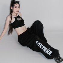 FORTUNAs store black and white cat head casual pants womens slim loose lazy style straight jazz sports pants