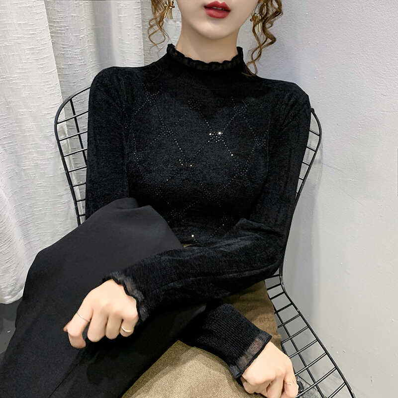 Black Velvet Lace Half-High Collar Base Shirt for Women, 2024 New Autumn and Winter Thickened Integrated Velvet Knitwear