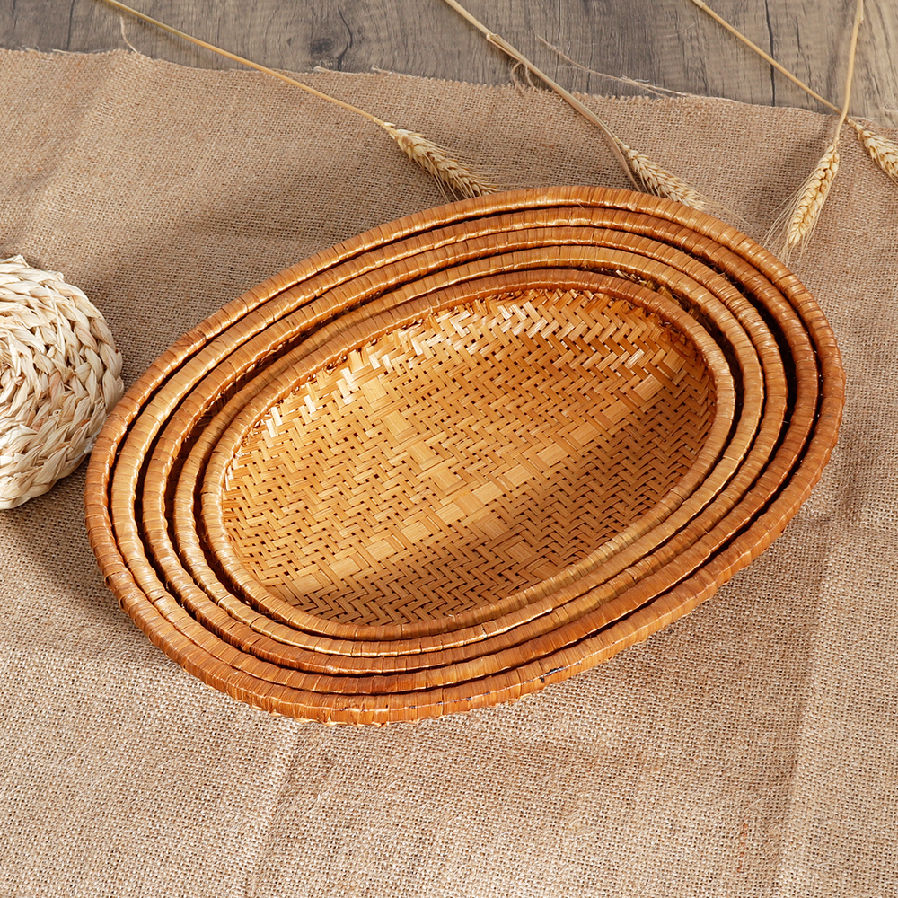 Retro Smoked Bamboo woven Bamboo products Home Fruit pantry basket snacks with holes with holes Steamed Bread OVAL