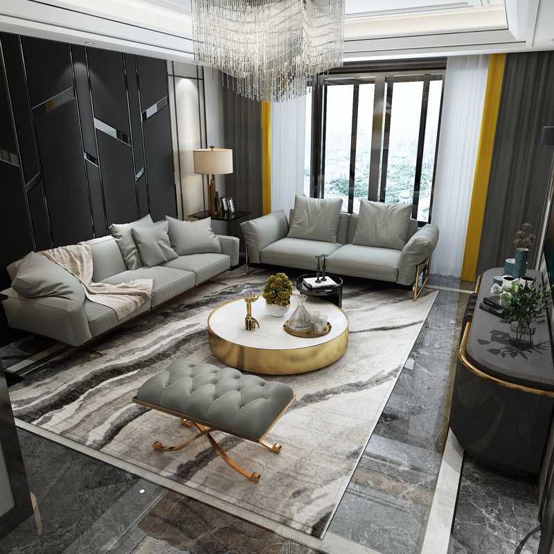 Simple post-modern Hong Kong-style light luxury leather sofa three-person combination small apartment living room full-scale model room furniture