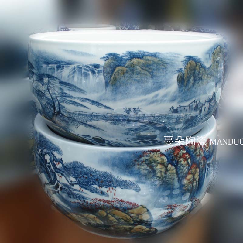 Jingdezhen hand - made scenery porcelain large living room furnishings study painting and calligraphy writing brush washer from high - grade fish porcelain cylinder cylinder