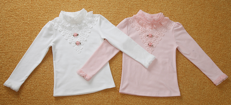 Áo sơ mi nữ họa tiết mùa thu và mùa đông cotton dài tay cổ cao áo thun trẻ em Hàn Quốc phiên bản áo dày ren hoang dã xuân hè áo thun có cổ bé trai