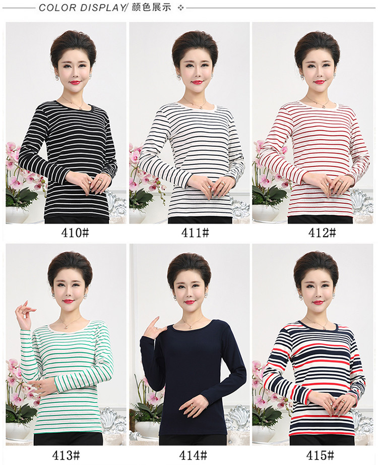 Áo thun nữ trung và dài tay cotton nữ chất liệu cotton sọc cổ tròn áo thun mùa xuân và mùa thu quần thun nữ đáy quần đầm dự tiệc cho người lớn tuổi