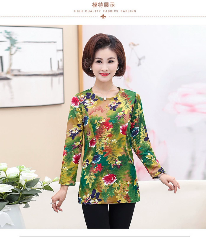 Áo thun nữ mùa thu và trung niên màu sắc nữ dài tay trung niên áo sơ mi rộng 50-60 tuổi mới 2018