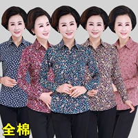 Áo sơ mi cotton cho phụ nữ trung niên và già Áo phông mùa xuân và mùa hè in áo sơ mi hoa dài tay XL áo sơ mi trắng nữ form rộng