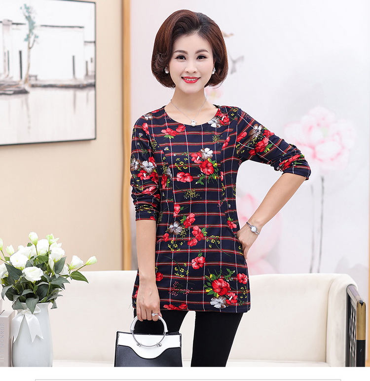 Áo thun nữ mùa thu và trung niên màu sắc nữ dài tay trung niên áo sơ mi rộng 50-60 tuổi mới 2018 áo form rộng nữ