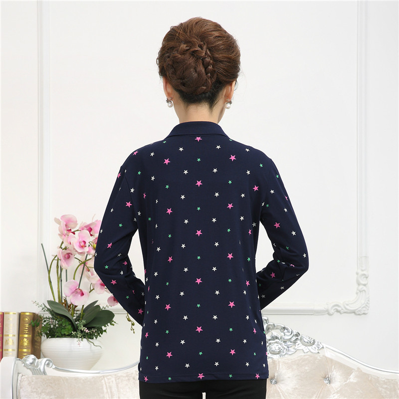 Áo trung niên và mùa thu cotton in áo dài tay áo thun mẹ mùa thu quần áo cotton đáy áo sơ mi nữ trung niên quần ống suông cho tuổi trung niên