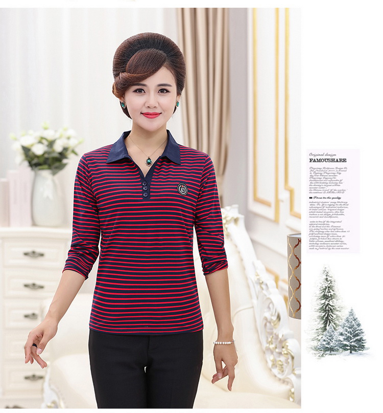 Sản phẩm mới mùa thu mẹ áo thun cotton trung niên áo lót mùa thu quần áo nữ trung niên ve áo sơ mi dài tay áo kiểu trung niên u40
