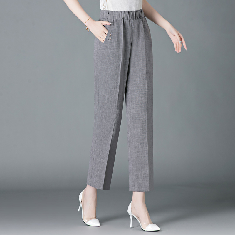 Straight-Leg Cropped Pants for Women, Summer High-Waisted Casual Breathable Loose Pants for Middle-Aged and Elderly Women, Thin Style Mom Pants for Summer