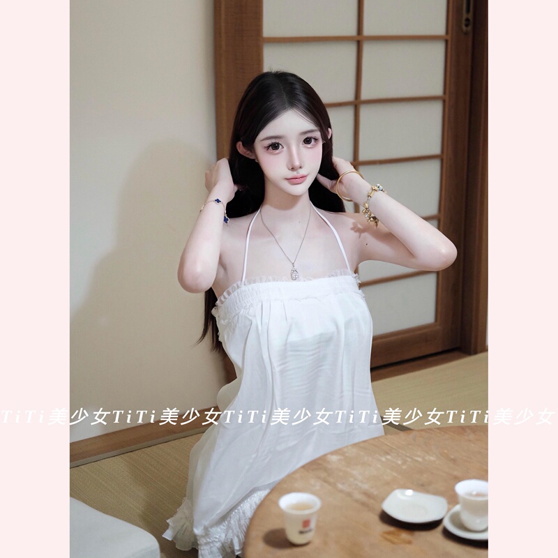【Titi Beauty Girl】Pure Desire Style White Floral Halter Dress for Women, White Lace Thin Satin Loose Short Dress