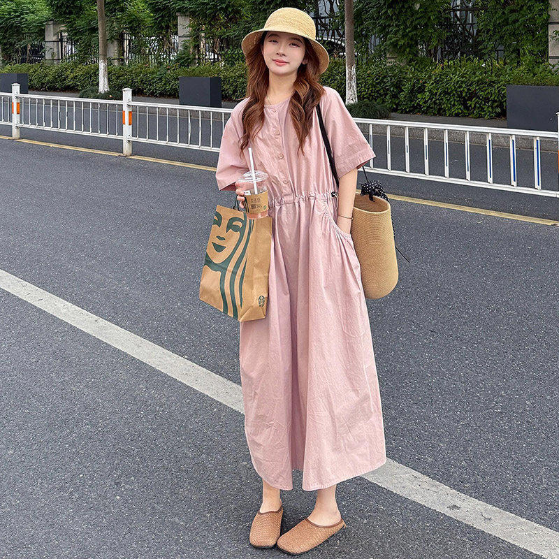 Plus-Size Summer Casual Lazy Style Pink A-Line Dress for Women, Summer High-Waisted Loose Fit, Slimming Shirt Long Dress