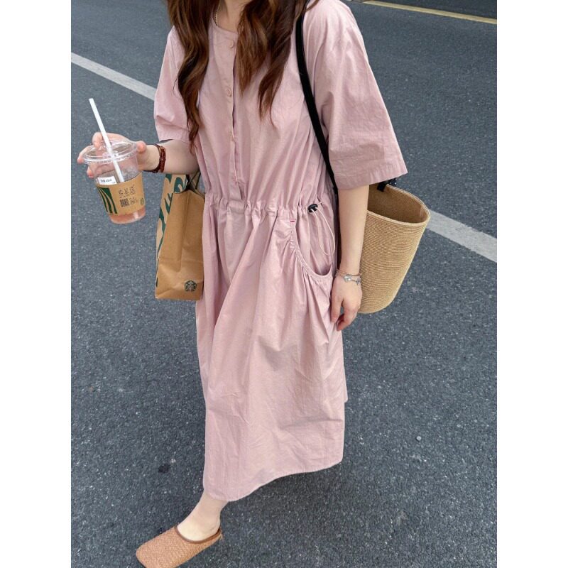 Plus-Size Summer Korean-Style Lazy Pink A-Line Dress for Women, Loose High-Waisted, Slimming and Stylish Long Dress