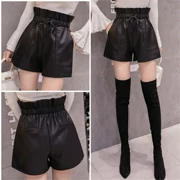 Quần da mùa thu 2018 mới của phụ nữ Hàn Quốc Quần short da PU quần ống cao cạp cao quần ống rộng cạp quần hoa