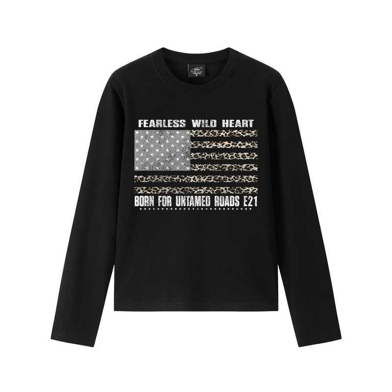 E21 American-Style Trendy Retro Motorcycle-Style Long-Sleeve T-Shirt with Leopard Print Flag Design, Unisex Pullover Casual Top