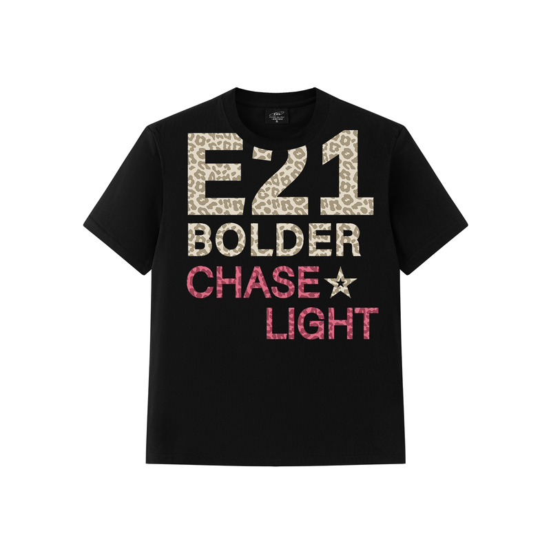 E21 Leopard Print Letter Print Round Neck Short-Sleeve American Style Couple's Unisex Regular Shoulder T-Shirt Slim Fit Summer Pullover with a High-End Feel