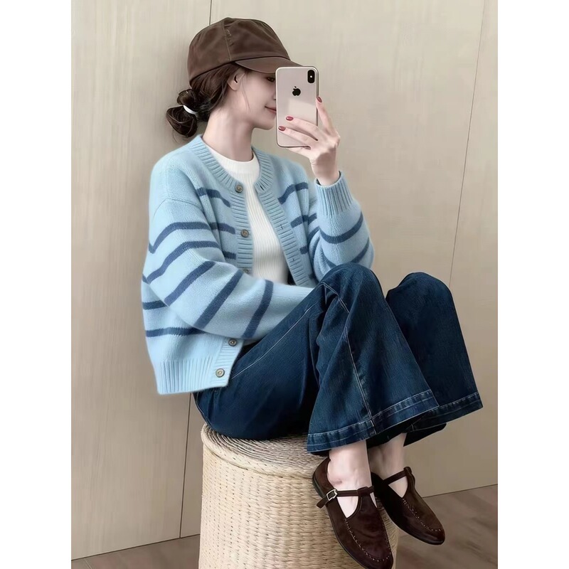 Blue Striped Knitted Cardigan Versatile Sweater with a High-End Feel for Women, New Autumn 2026 Super Trendy Age-Reducing Top