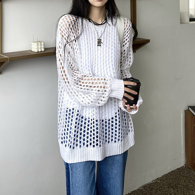 2026 Spring/Summer New American Retro Sweater for Women, Loose Fishnet Korean Style Unique Versatile Hollow Knit Cardigan