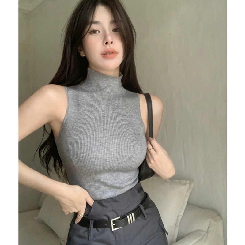Gray Turtleneck Base Shirt for Women, Summer 2026 New Style, Lazy Sweater, Slim Fit, Sexy Sleeveless Knitted Vest