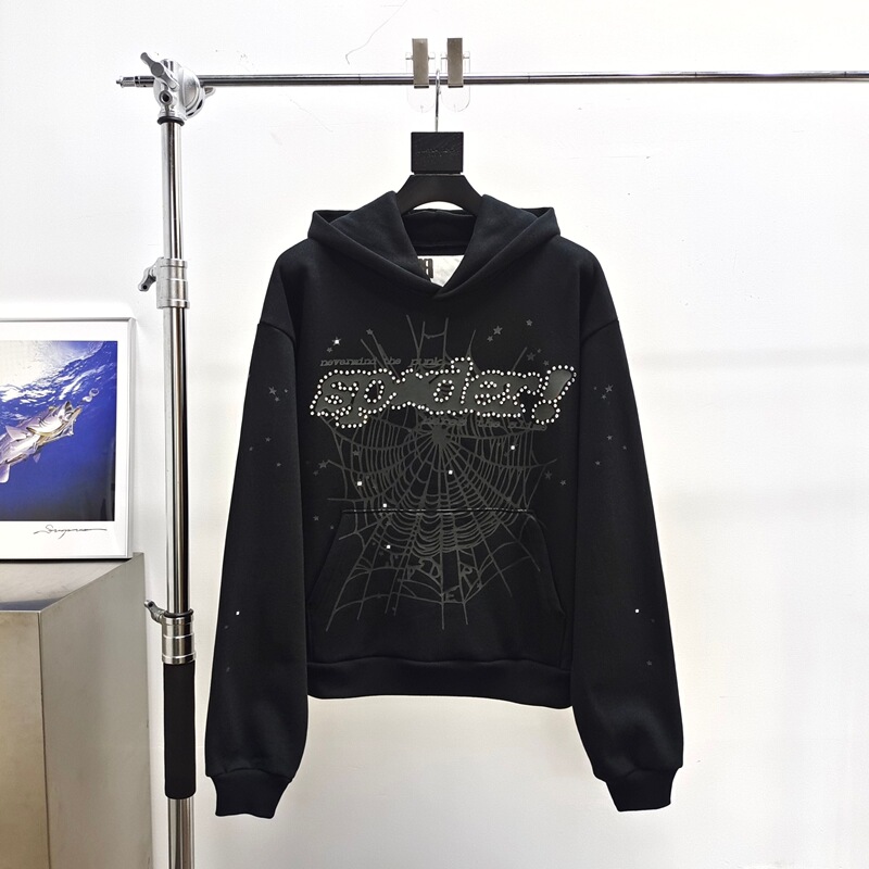 Sp5Der Black Hoodie with Diamond-Studded Black Lettering V2