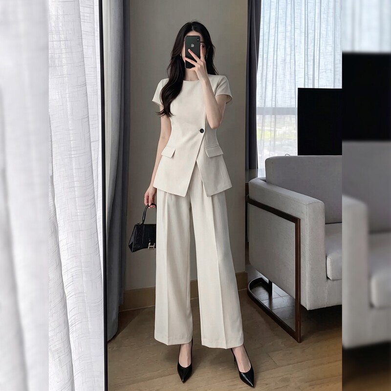 Plus Size Women's Summer Thin Short-Sleeved Blazer and Wide-Leg Pants Two-Piece Set 100kg Professional Slimming Suit Plus Size Women's Summer Thin Short-Sleeved Blazer and Wide-Leg Pants Two-Piece Set 100kg Professional Slimming Suit