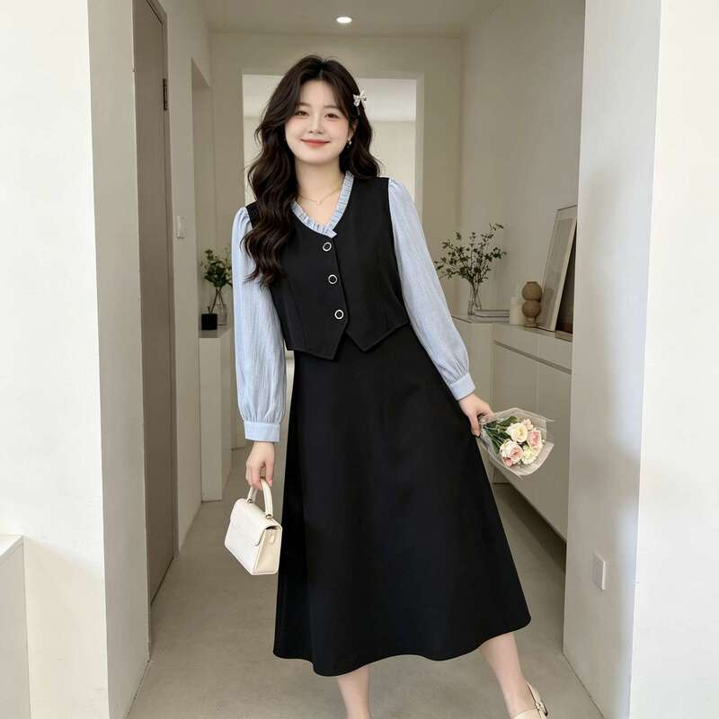 Plus-Size Women's Dress 2026 Autumn New Popular Style for Chubby Women, Elegant and Slimming, Fashionable Faux Two-Piece A-Line Long Dress
