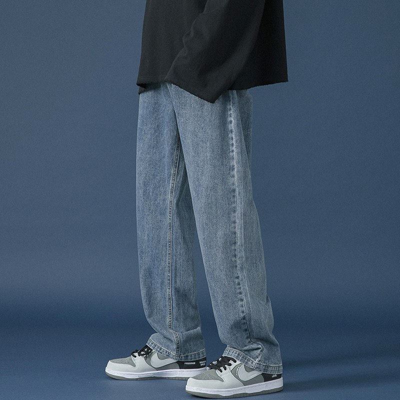 Cat and Mouse No Logo Hong Kong Style Casual Solid Color Straight-Leg Jeans Spring and Autumn Loose Floor-Length Pants for Men